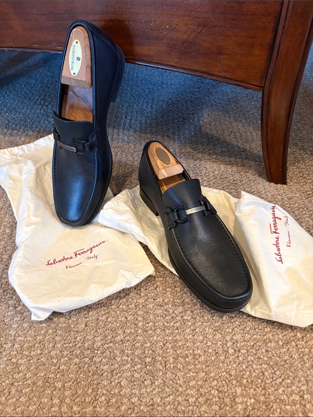 Salvatore Ferragamo Men Black Pebbled Leather Gancini Bit loafers 8.5 NWOT